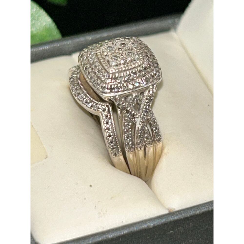JTW 925 Sterling Silver Pave Diamond Engagement Ring & Wedding Band Set